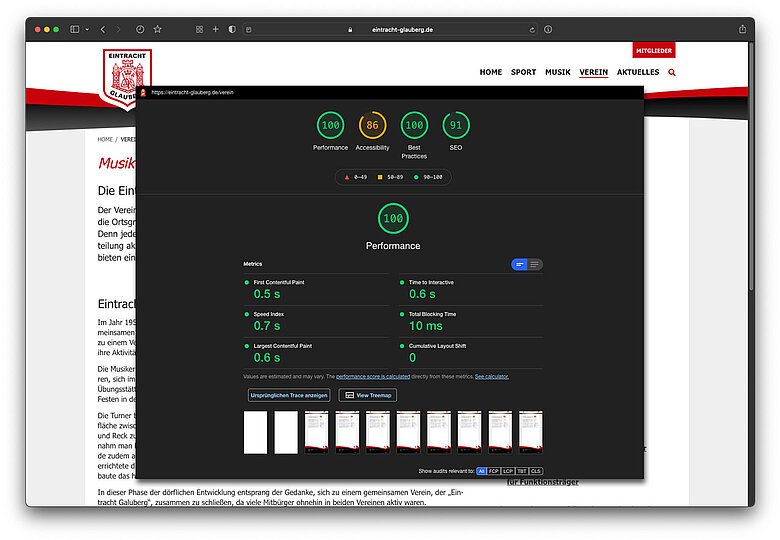 Performance der neue Eintracht Glauberg Webseite